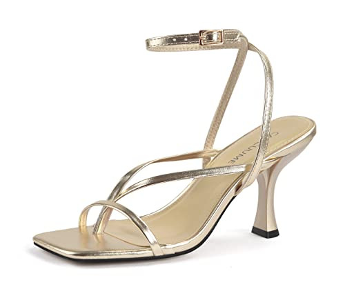 Carcuume Womens Kitten Heels Square Toe Thong Strappy Ankle Strap Stiletto Heel Sandals,CAMILE-ALL GOLD PU-6.5 | Amazon (US)