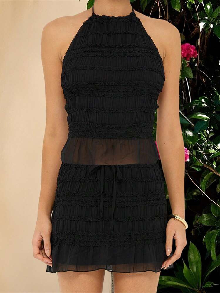 Women Y2k Mini Skirt Sets Sleeveless Ruched Backless Tie Up Crop Halter Tank Tops And Smocked Lace Mini Skinny Skirt 2 Piece Beach Outfit | SHEIN