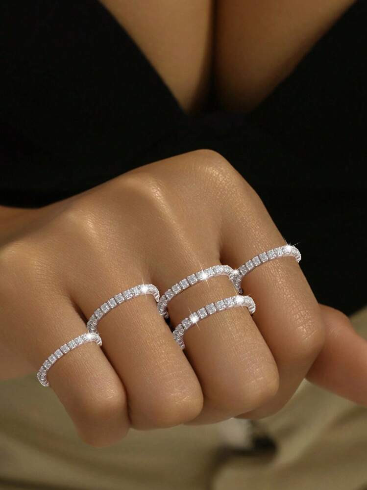 5pcs Sparkling Rhinestone Elastic Rings, Party Style Adjustable Finger Rings, Delicate Rings Suit... | SHEIN