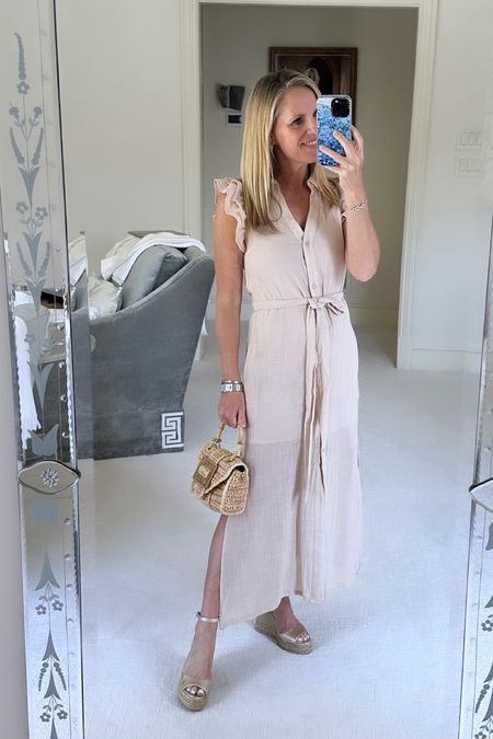 Light, beige gauze midi dress
With double ruffle, shoulder detail, and self belt 
Perfect for summer beach vacation  and date night
Fits true to size 
I’m 5’2” tall and wearing  XS

#LTKOver40 #LTKFindsUnder100 #LTKSeasonal
