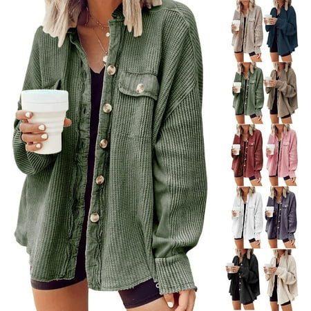 affle Shacket Women, Oversized Button Down Waffle Knit Jacket, Long Sleeve Casual Shirt Shacket for Women 2025 | Walmart (US)