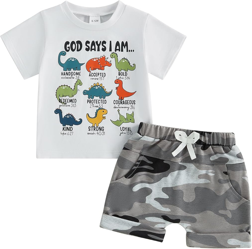 PUHHAPIEY Baby Boy Clothes Toddler Summer Outfit God Says I Am Dinosaur Short Sleeve Christian Te... | Amazon (US)