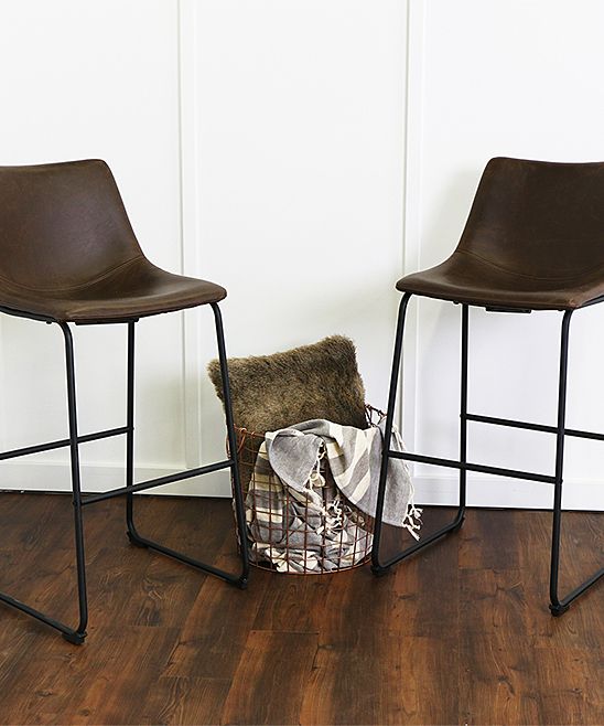 Walker Edison Indoor Chairs Brown - Brown Faux-Leather Stool - Set of Two | Zulily