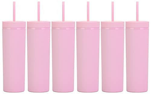 Essasea 16oz Skinny Tumblers Bulk.Matte Light Pink Tumblers with Lids and Straws.Double Walled Plastic Acrylic Pastel Tumbler Cups for Iced Coffee Smoothie.DIY Slim Tumbler. | Amazon (US)