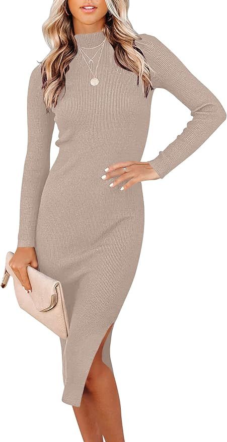 ANRABESS Women's Turtleneck Ribbed Long Sleeve Knitted Bodycon Sweater Dress with Slit A308-hongx... | Amazon (US)