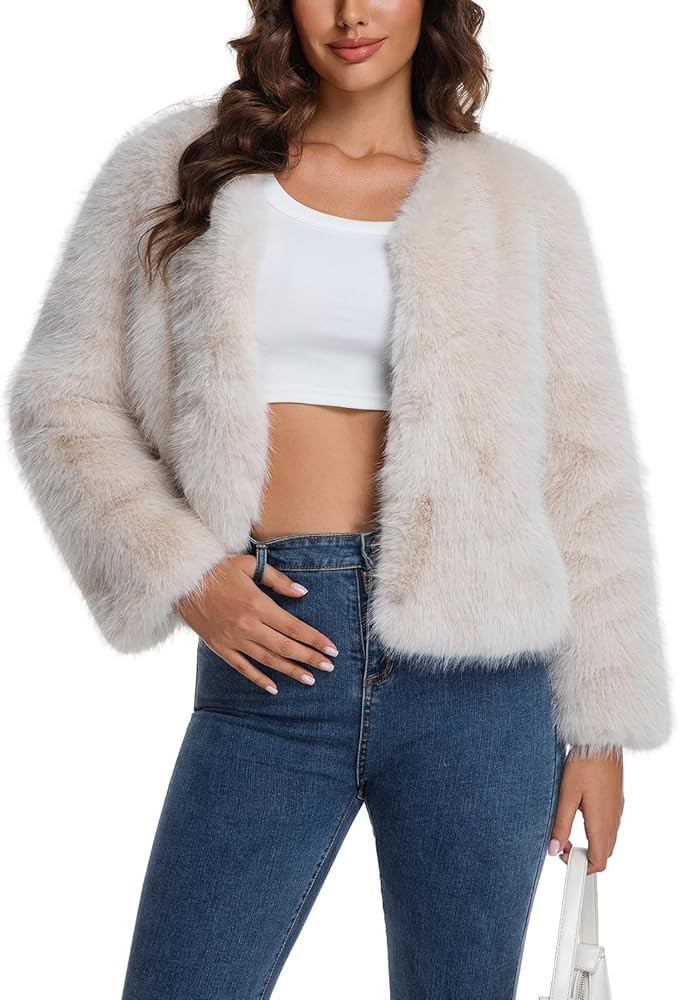 HOOD CREW Women’s Fashion Cropped Faux Fur Jackets Long Sleeve Fluffy Winter Coats Casual Cardi... | Amazon (US)