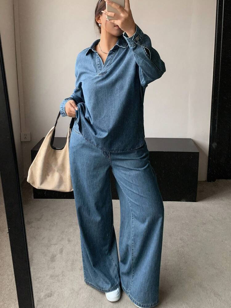 Dazy Plus 2pcs Set Washed Blue Denim Collared Pullover Top And Relaxed Straight Leg Jeans, Plus S... | SHEIN