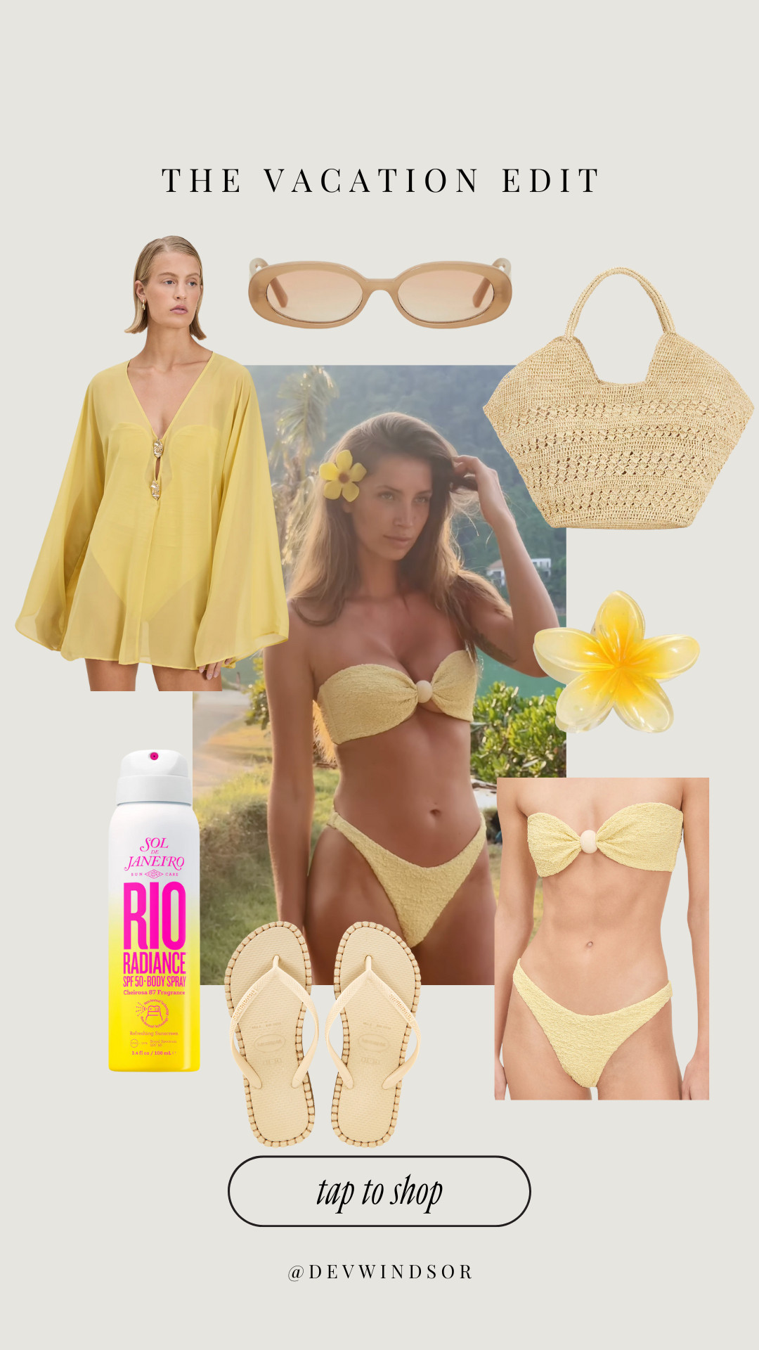 Vacation vibes in full effect ☀️✨ Rocking a butter yellow Devon Windsor suit, chic tote in hand, sandals on deck, and Sol de Janeiro sunscreen to keep the glow going. 

 

#LTKStyleTip #LTKBeauty #LTKSwim