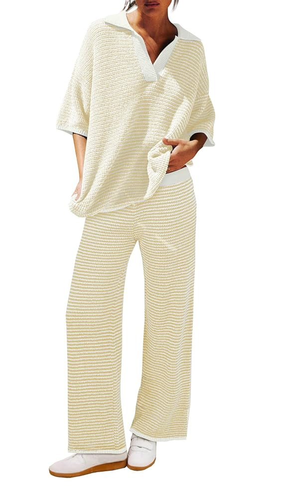 Tankaneo Womens Sweater Set Striped 2 Piece Outfits Oversized 3/4 Sleeve V Neck Knit Tops Wide Le... | Amazon (US)