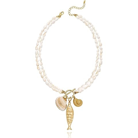 Fish Necklace for Women Chunky Beach Seashell Fish Pendant Necklace Summer Boho Fish Charm Layere... | Amazon (US)