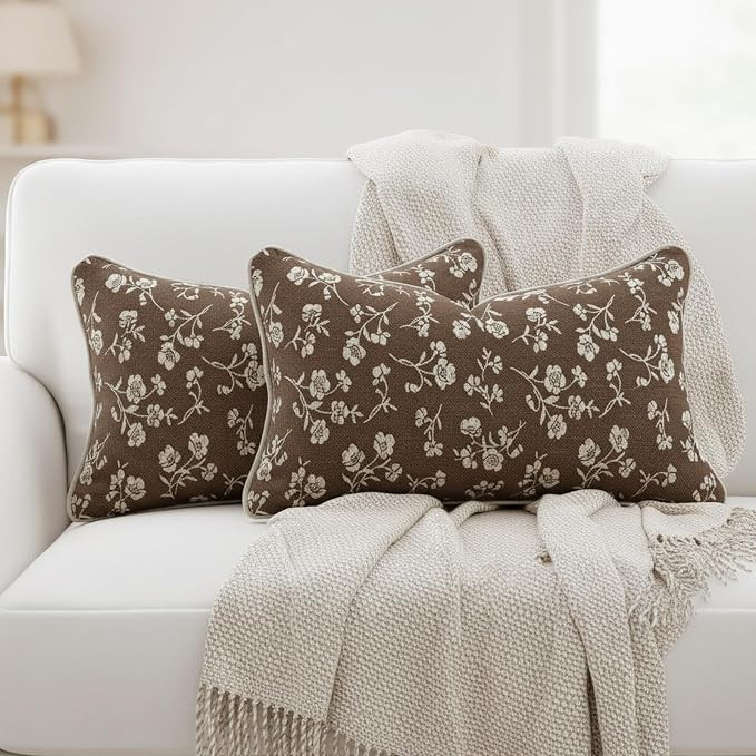 12x20 Chenille Jacquard Lumbar Pillow Cover, Taupe Gray Vintage Floral Cushion Case with Piped Ed... | Amazon (US)