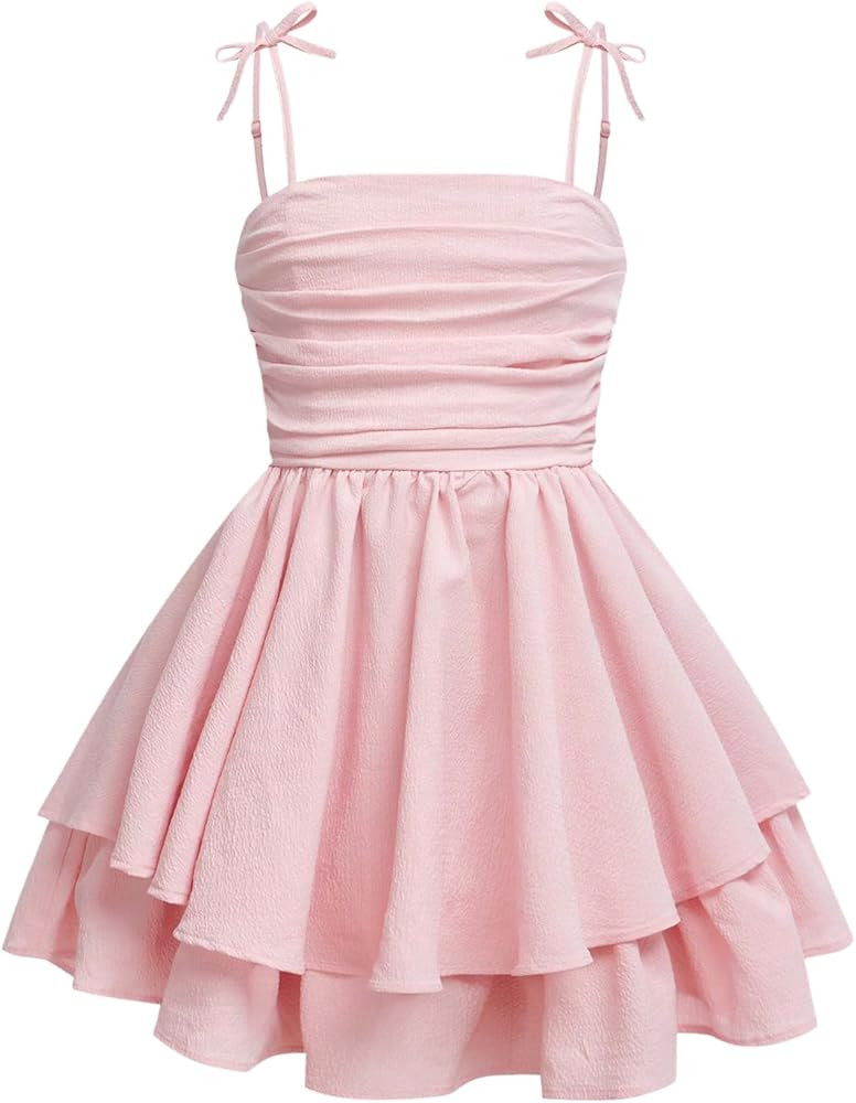 RoseSeek Girl's Flowy Cami Dress Ruched Sleeveless Pink Layered Ruffle Kawaii Short Smocked Summe... | Amazon (US)
