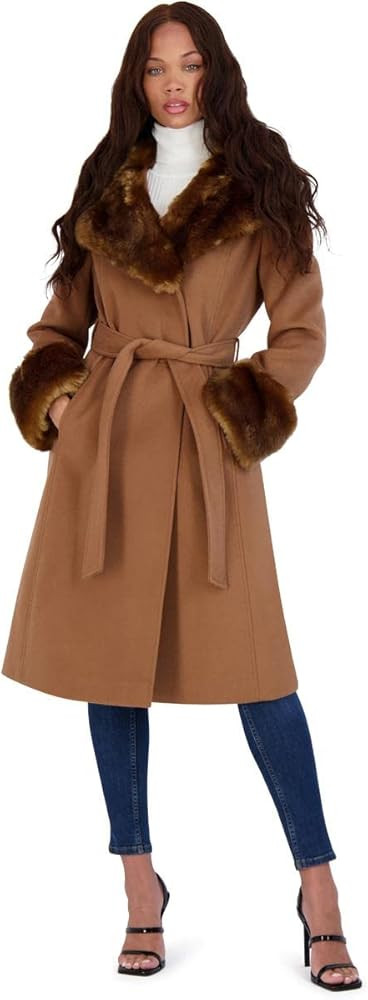 VIA SPIGA Women's Long Wool Wrap Coat with Faux Fur Trim | Amazon (US)