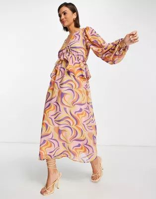 Never Fully Dressed frill midi dress in retro swirl print | ASOS (Global)