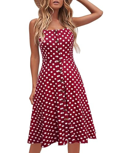Berydress Women's Casual Beach Summer Dresses Solid Cotton Flattering A-Line Spaghetti Strap Button Down Midi Sundress (M, 6046-Red Dot) | Amazon (US)