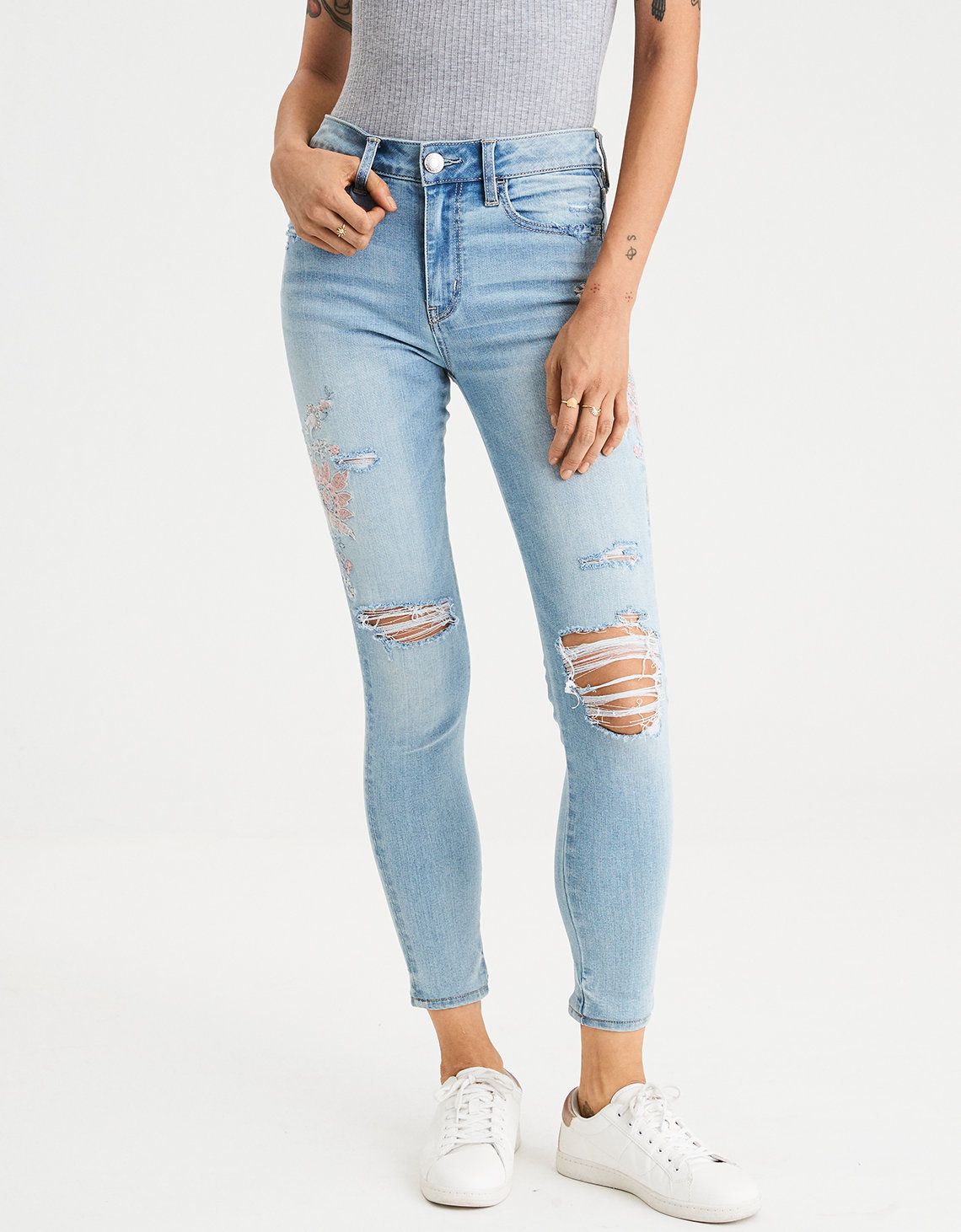 AE High-Waisted Jegging Crop, Embroidered Indigo | American Eagle Outfitters (US & CA)