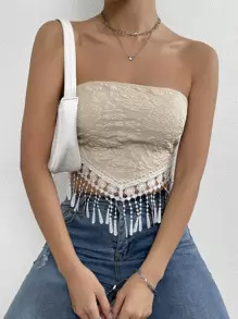 Jacquard Guipure Lace Fringe Hem Tie Back Crop Tube Top SKU: sw2206145567247745(1000+ Reviews)$7.... | SHEIN
