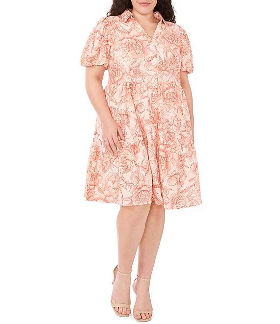 CeCe Plus Size Floral Print Short Sleeve Point Collar Button Front Tiered A-Line Shirt Dress | Di... | Dillard's