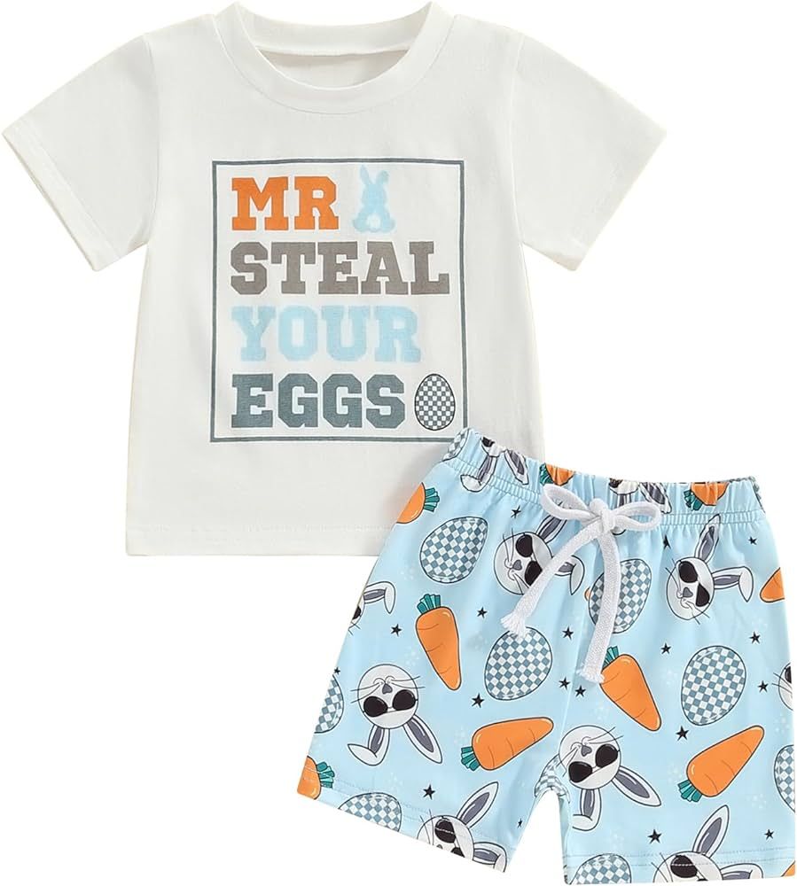 Toddler Baby Boy Easter Outfit Mr Steal Your Eggs Shirt Carrot Bunny Shorts 2Pcs Boys Easter Clot... | Amazon (US)
