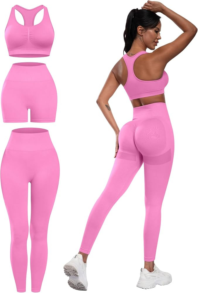 3 Piece Workout Sets for Women Butt Lifting Leggings with High Impact Sports Bra Gym Shorts | Amazon (US)