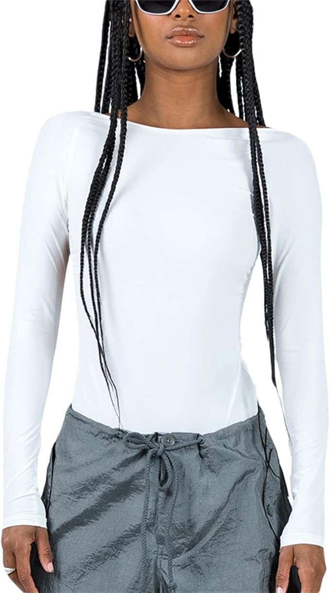 Sunwittafy Women's Backless Bodysuit Long Sleeve Wrapped Romper Boat Neck Solid Color Short Jumps... | Amazon (US)