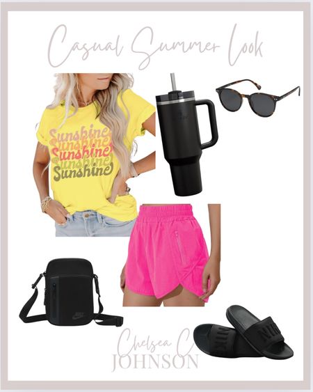 Casual summer look 
Graphic tee
 athletic shorts
Nike sandals
Nike bag
Sunglasses 
Stanley 


#LTKFindsUnder50 #LTKSeasonal #LTKActive