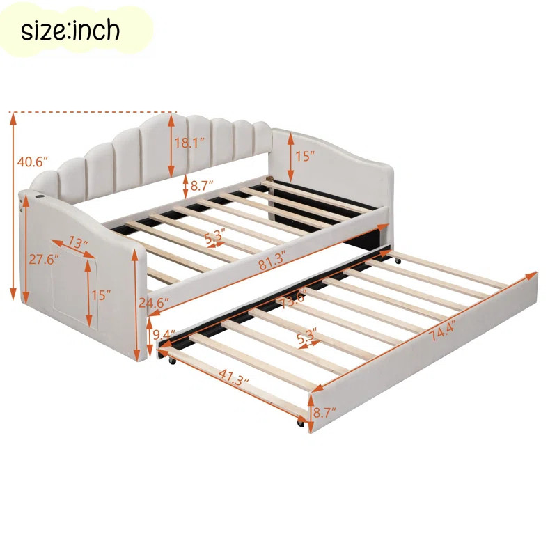 Junna Twin size Velvet Daybed with Trundle and USB Charging Ports | Wayfair North America
