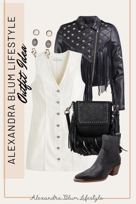 Denim dress from Abercrombie makes the perfect country concert outfit idea! Fringe black leather jacket, fringe black crossbody purse, black leather boots, and stud earrings! 

#LTKfindsunder100 #LTKitbag #LTKstyletip