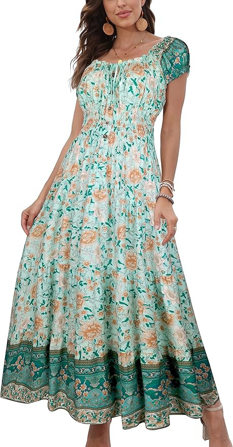 OSTOO Women's 2026 Summer Short Sleeves Boho Floral Print Tiered Casual Flowy Long Maxi Dress | Amazon (US)