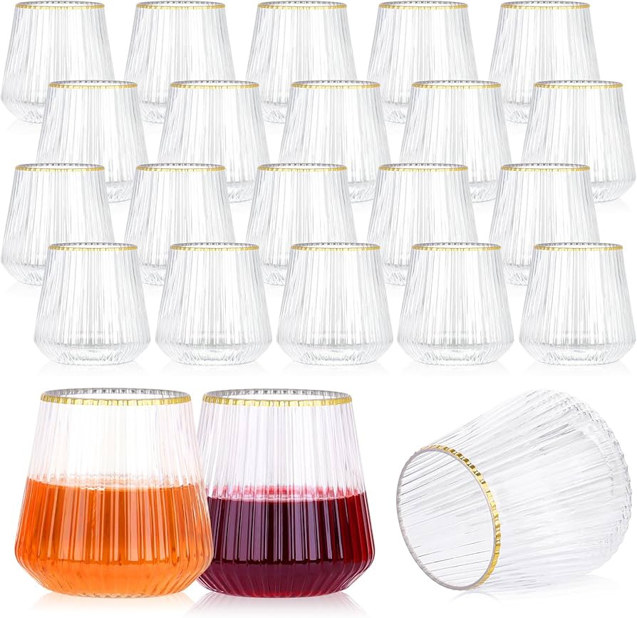 24 Pack Plastic Ribbed Wine Glasses with Gold Rim, 14oz Stemless Disposable Wine Cups, Clear Unbr... | Amazon (US)