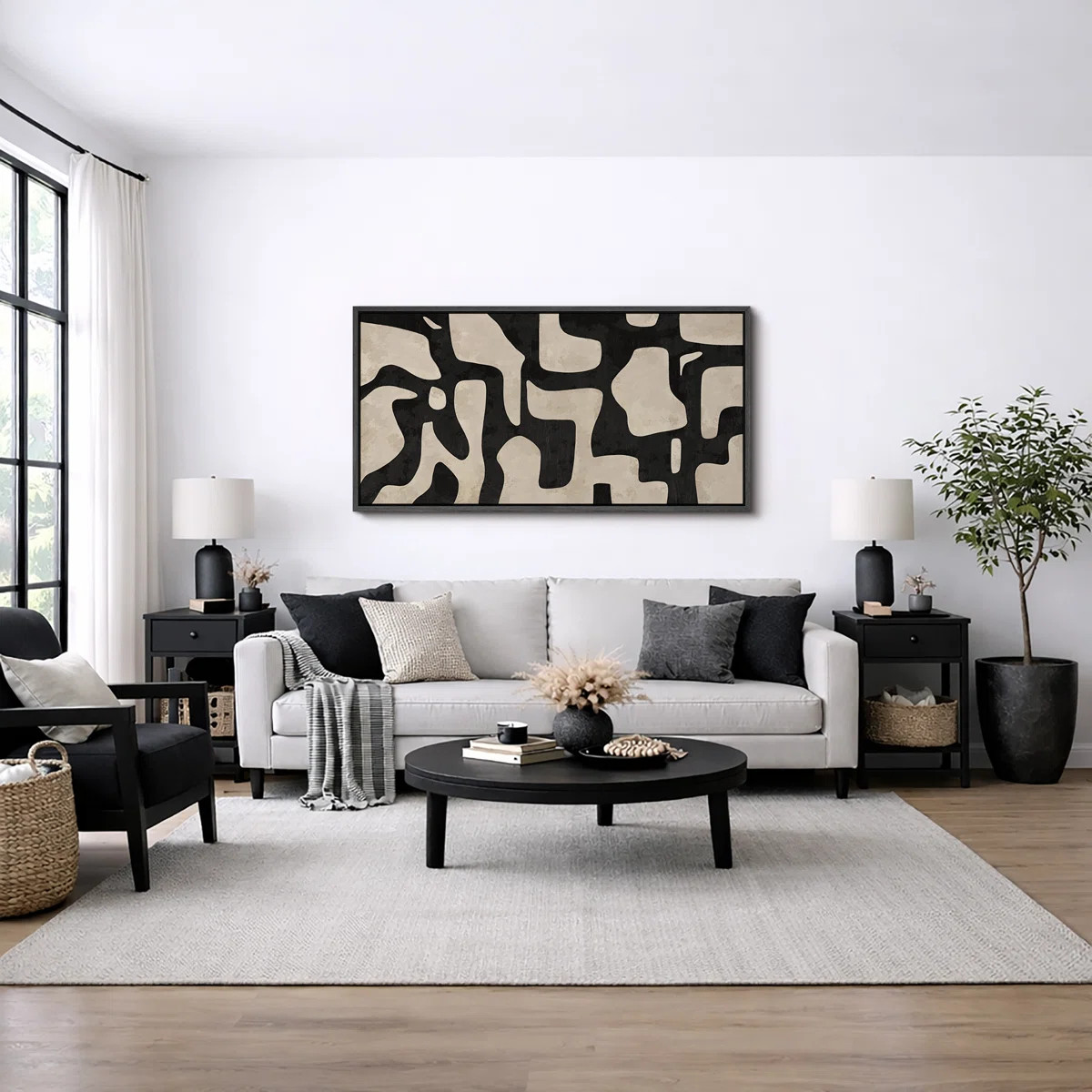 Mid Century Shape Abstract Contours, Black And White Beige Artwork, Retro Bedroom Home Decor, Ext... | Wayfair North America