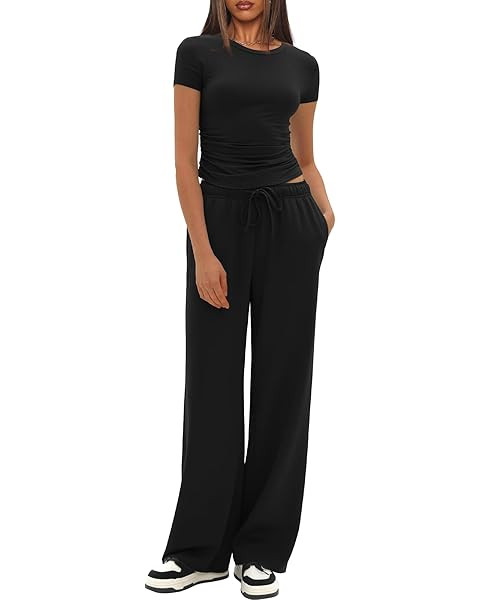 Darong Women's 2 Piece Outfits Lounge Sets Ruched Short Sleeve Tops High Waisted Wide Leg Pants T... | Amazon (US)