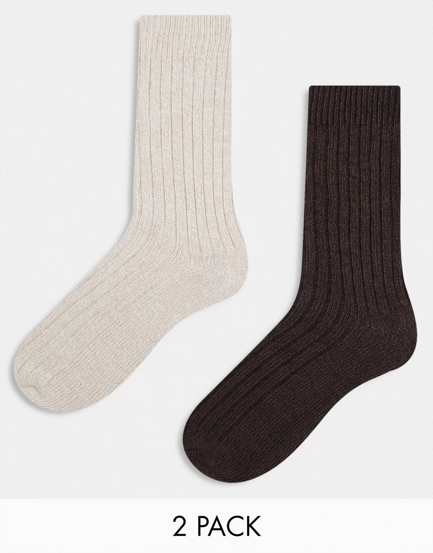 ASOS DESIGN 2 pack twist rib socks in ecru and brown-Neutral | ASOS (Global)