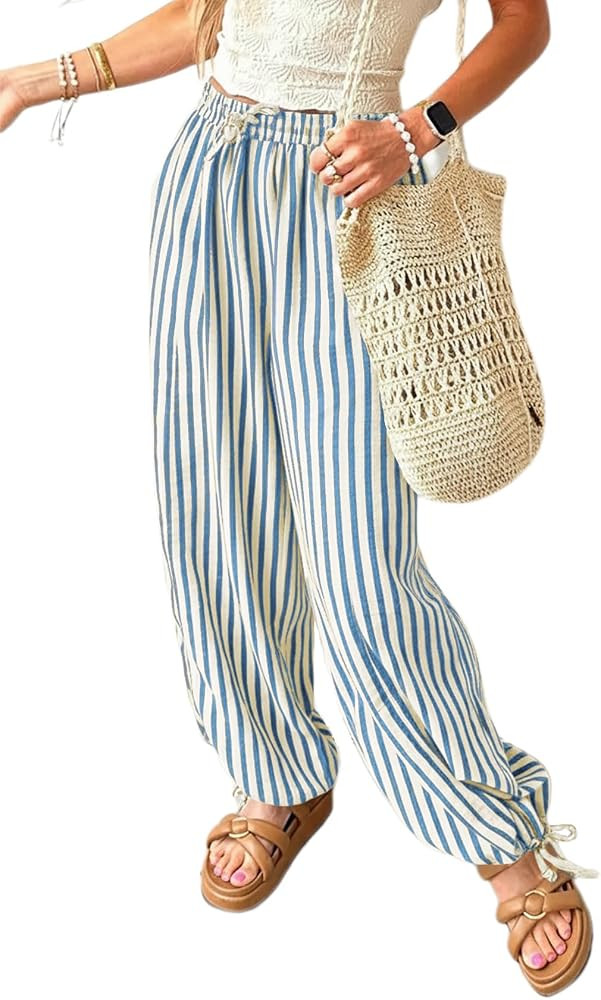 Acelitt Women Drawstring Elastic Waist Striped Pants with Pockets, S-XXL | Amazon (US)