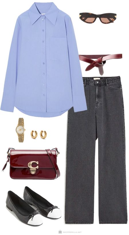 This look is inspired by marvadel with a blue shirt, wide leg denim, burgumdy accessories and classy flats to spice up the look. #blueshirt #ootd #denim #ootdinspo

#LTKworkwear #LTKstyletip #LTKfit