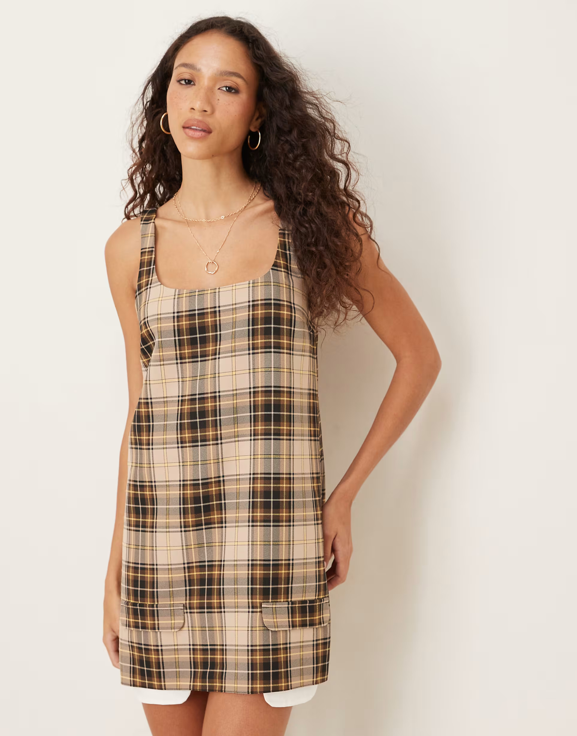 ASOS DESIGN scoop neck mini shift dress in chocolate check | ASOS (Global)