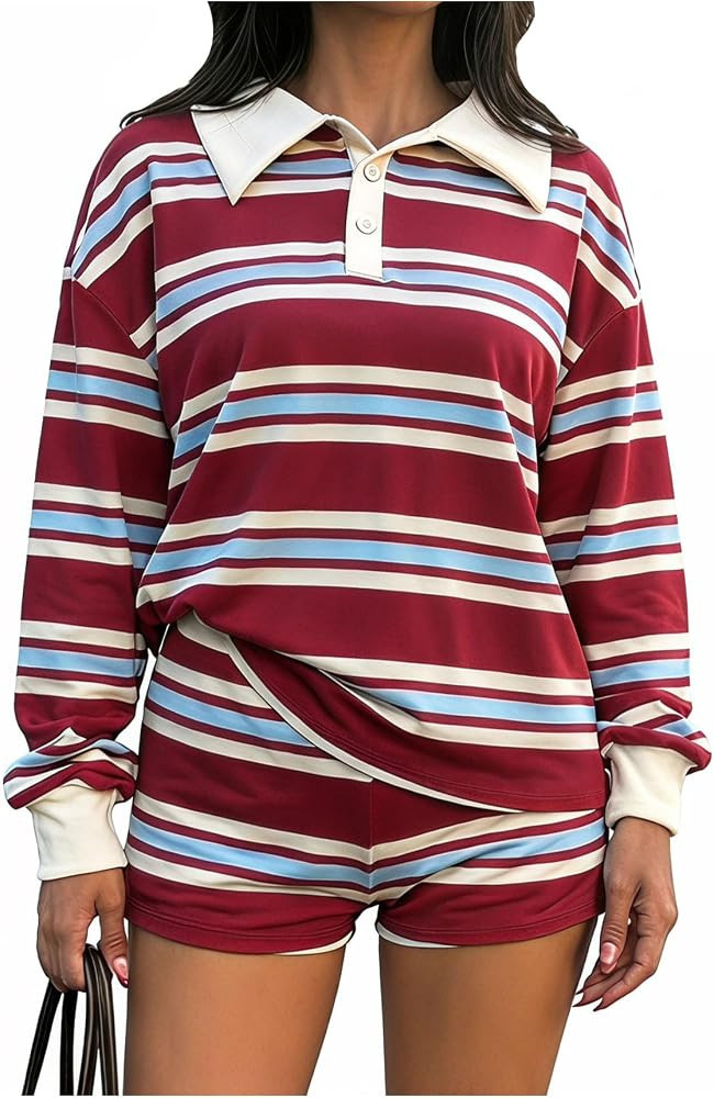 MakeMeChic Women's 2 Piece Preppy Outfits Striped Long Sleeve Rugby Shirt and Shorts Matching Set... | Amazon (US)