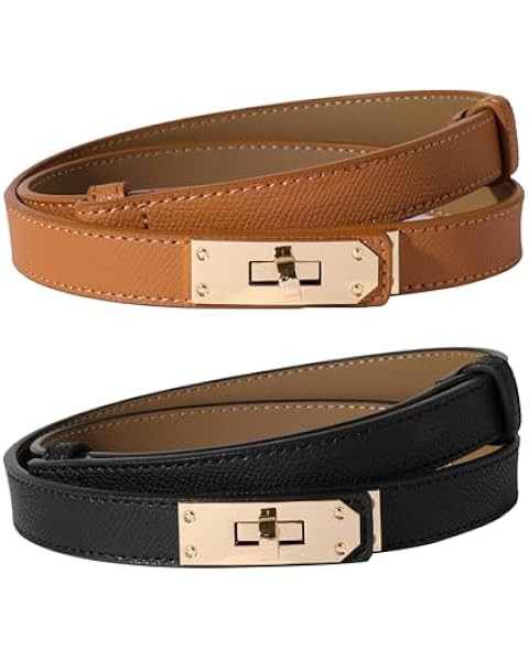 Women's Skinny Leather Belt with Adjustable Silver Turn-Lock Buckle - Ideal for Dresses, Jeans, a... | Amazon (US)