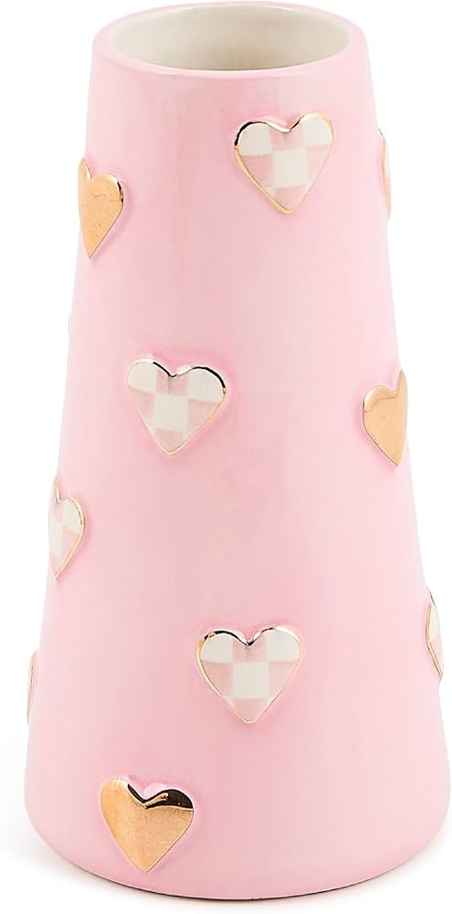 MACKENZIE-CHILDS Ceramic Heart Vase, Unique Flower-Vase Decor, Short, Pink-and-White Rosy Check | Amazon (US)