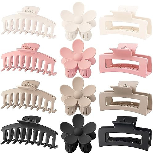Large Hair Claw Clips, 12 Pack Flower Hair Clips for Thick Hair, Big Square Matte Strong hold for Thin Hair, 3 Styles Claw Hair Clips for Thick Hair | Amazon (US)