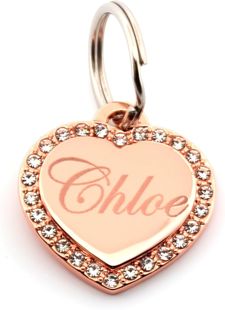 Custom Engraved Personalized Rose Gold-Plated Small Heart Rhinestones Pet Jewelry Dog Cat ID Tag | Amazon (US)