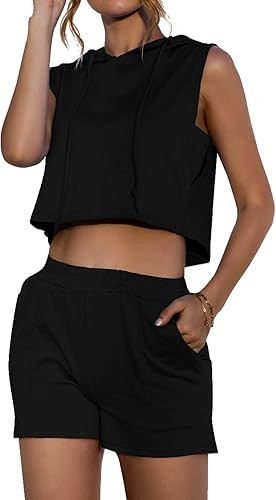 LYANER Women's 2 Piece Tracksuit Sleeveless Hoodies Crop Tank Top and Shorts Set Outfits | Amazon (US)