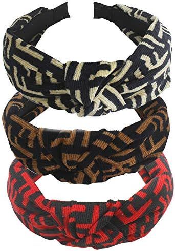 Eightown Designer FF Print Headbands for Women 3 Pack Top Knot Hair Bands for Girls Elastic Hair ... | Amazon (US)