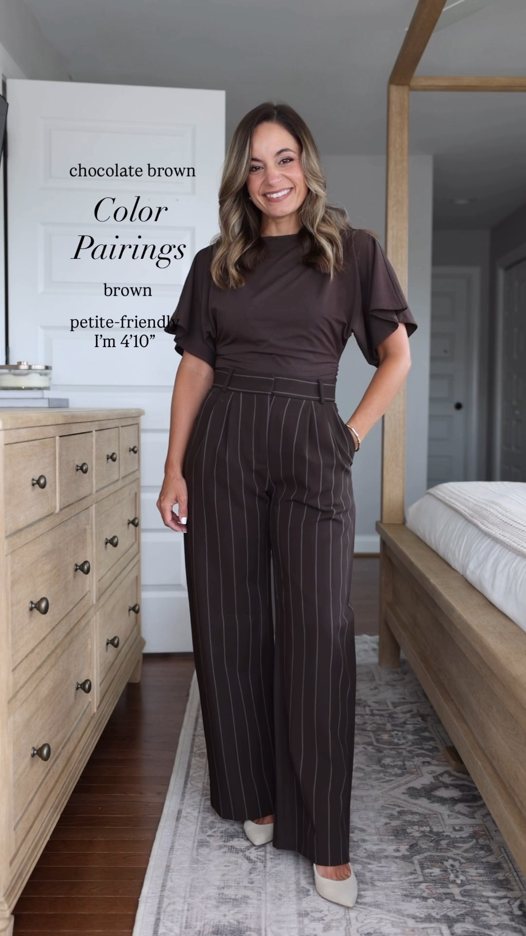 The Sloan Pants popped back up in brown pinstripe 😍 

Pants: 24 short / 11.5” rise / 28.25” inseam 

Brown top (Abercrombie): xxs 
Navy top (Aritzia): xxs 
Taupe Blazer (WHBM): petite 00 
Burgundy top (Quince): xs 
Rose top (Quince): xs 
Green Top (WHBM): xxs

#LTKPetite #LTKWorkwear