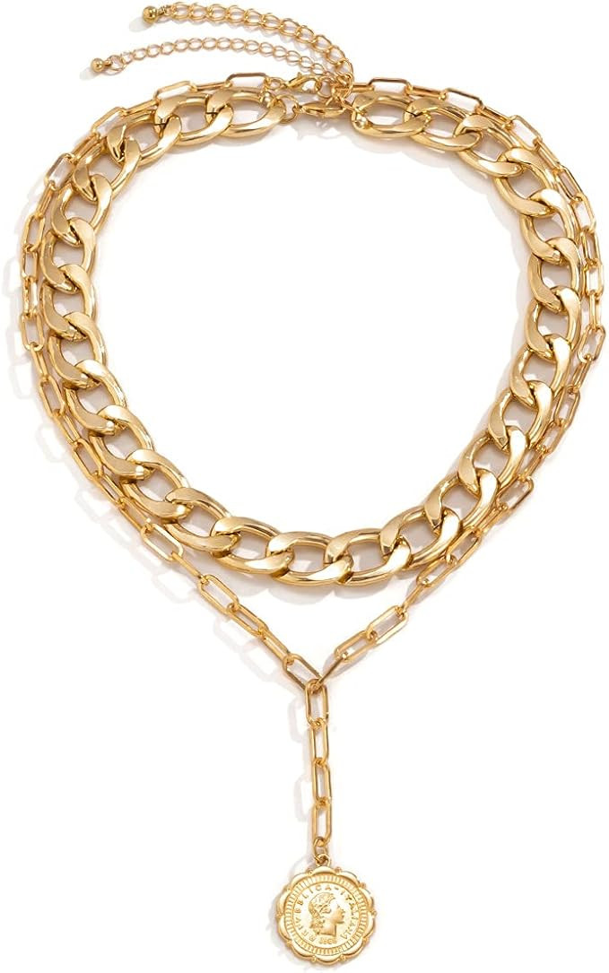 JWICOS Gold Boho Cuban Chunky Necklace Layered Dainty Paperclip with Coin Pendant Choker Chain fo... | Amazon (US)