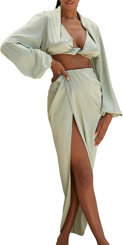 xxxiticat Women's Silky Satin Matching Sets Long Sleeve Deep V Twisted Crop Top High Split Midi S... | Amazon (US)
