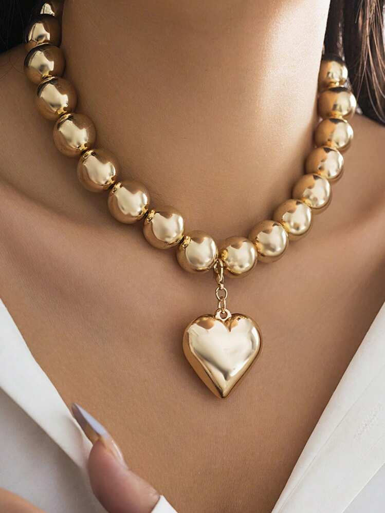 1pc Statement Punk Choker Necklace With Large Beads, Heart Shaped Beaded Necklace, Uv Plating Doe... | SHEIN