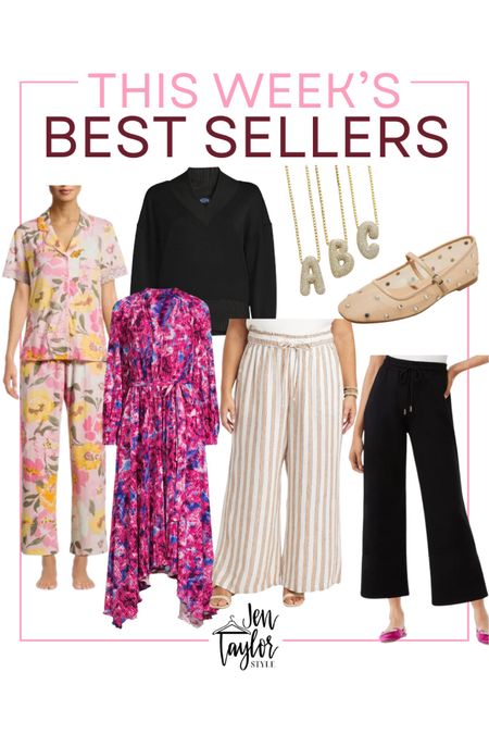 This weeks plus size fashion and curvy fashion best sellers including a pajama set, floral maxi dress, linen pants, black pants, personalized necklace, black sweater, and mesh ballet flats

#LTKSeasonal #LTKstyletip #LTKplussize