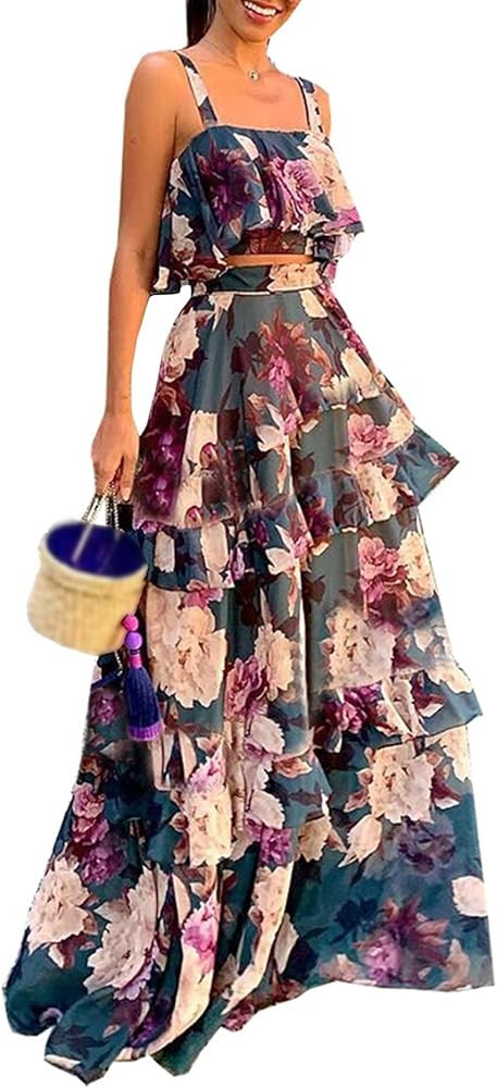 SOMTHRON Women's Summer 2 Piece Outfits Floral Print Strap Crop Tops Tiered Ruffle Skirt Sets Max... | Amazon (US)