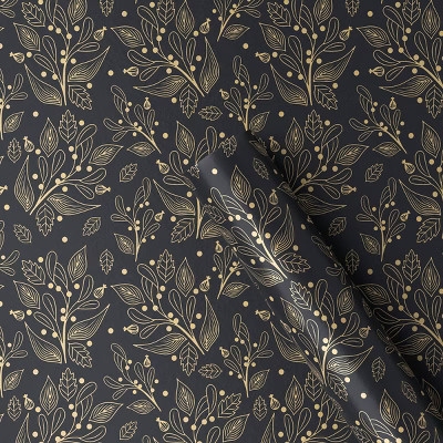 30" 25 sq ft Christmas Roll Wrap Gold Botanical on Black - Wondershop™ | Target